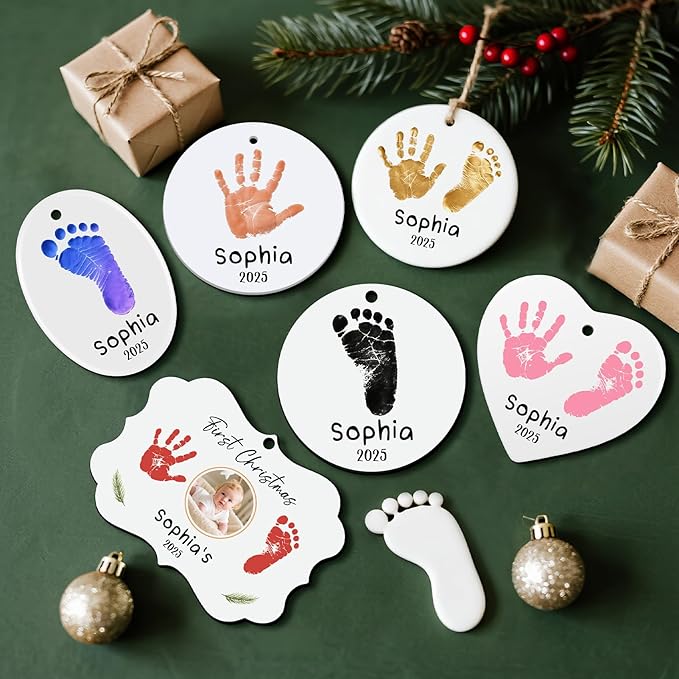 Baby Hand and Footprint Ornament - Baby's Frist Christmas Ornaments with Custom Photo, Name, Date - Personalized Baby Gifts, Newborn Keepsake, New Mom Gifts