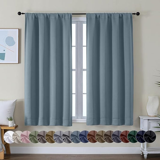Simplebrand Ava Stone Blue Short Blackout Curtains for Bedroom 45 Inches Long 2 Panels Set, Solid Thermal Insulated, Energy Saving Window Treatment Curtains Blackout Drapes, W40 x L45 Inch, Stone Blue