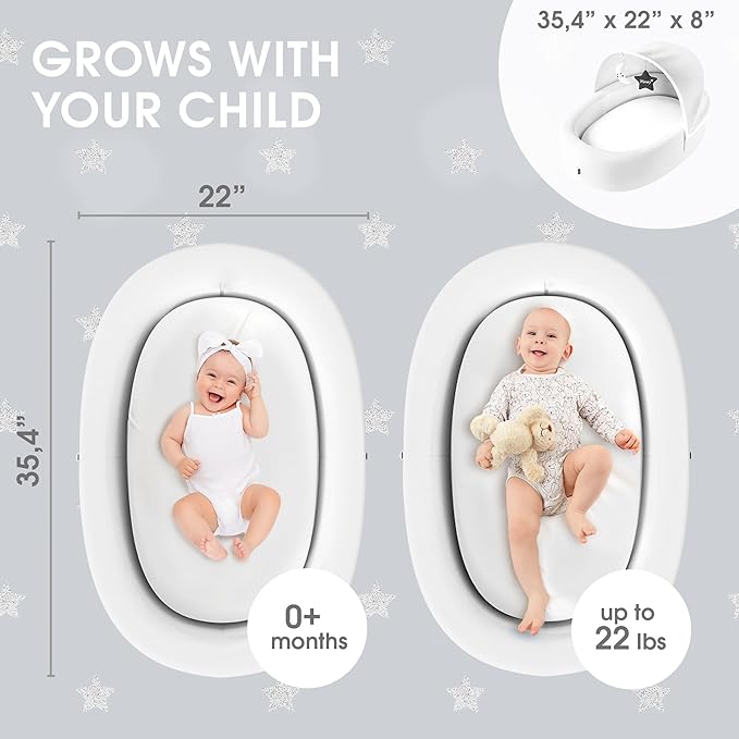 Premium Portable Baby Lounger Nest – Foldable Travel Bassinet for Newborn & Infant with Mesh Canopy, 2 Toys, Waterproof Mattress & Removable Cover – White