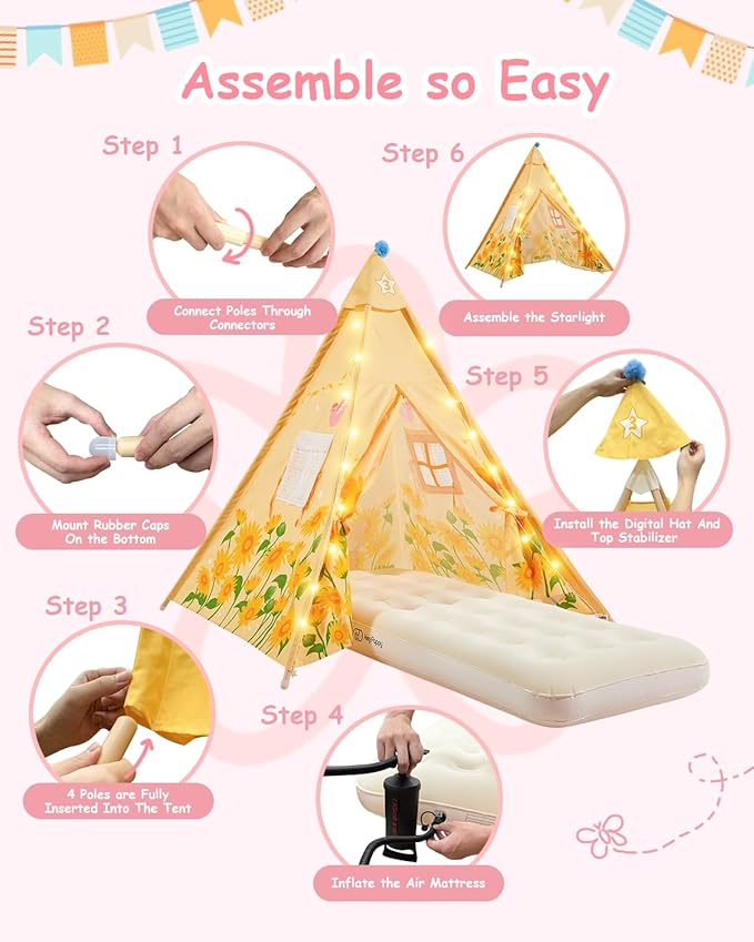 6 Pack Teepee Tent for Kids with Inflatable Airbed, Light, Toddler Tent Children Room Tents, Slumber Party Sleepover Tents, Indoor Outdoor Kids Playtent Playhouse for Girls & Boys