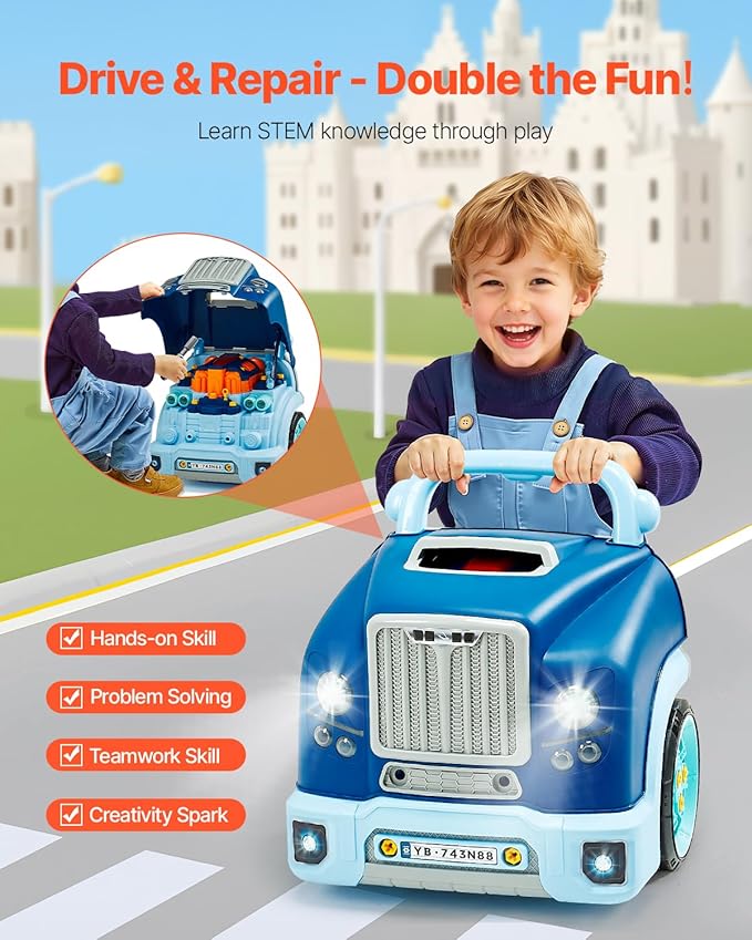 VEVOR Engine Toy, 60 Pieces, Kids Mechanic Car Repair Set with Removable Parts, Lights and Sounds, Steering Wheel and Horn, Kids Mechanic Workshop Set for Toddler Ages 3 Years and Up, Blue