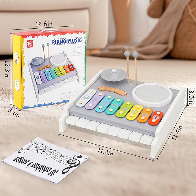 Kids Musical Instruments Piano Drum Set - 5 in 1 Montessori Toys for Toddler Baby, Wooden Music Kit with Piano Keyboard Xylophone, Preschool Educational Sensory Toys, Gifts for Boys Girls 1-8
