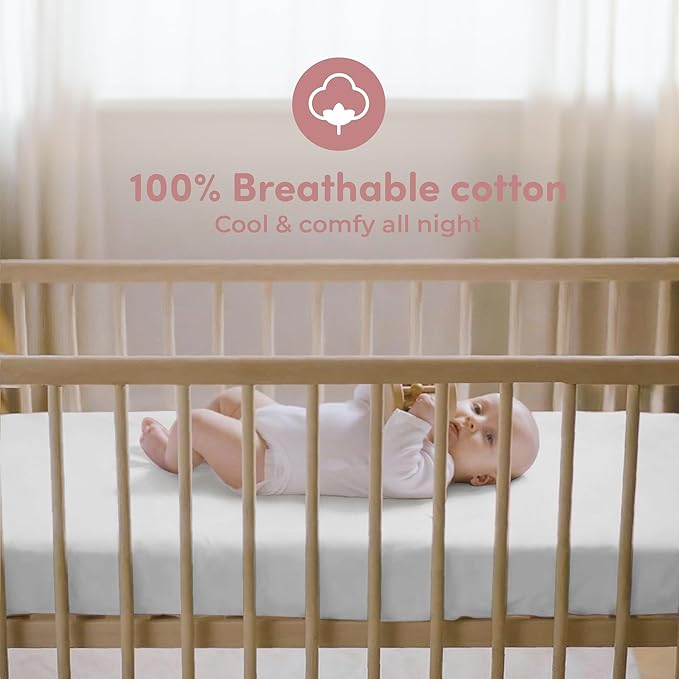 Sweety Fox 2-Pack Cotton Jersey Crib Sheets – Soft Fitted Sheets for Boys and Girls, Mini Crib Sheets, Toddler Bed Sheets (White/Pink)