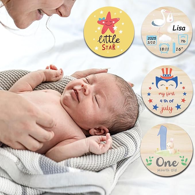 42 Designs First Year Milestones,Wooden Baby First Holiday Signs,Baby Monthly Milestone Photo Props for Newborn to Age 1,Pregnancy Baby Shower Cards (First Holiday Milestone)