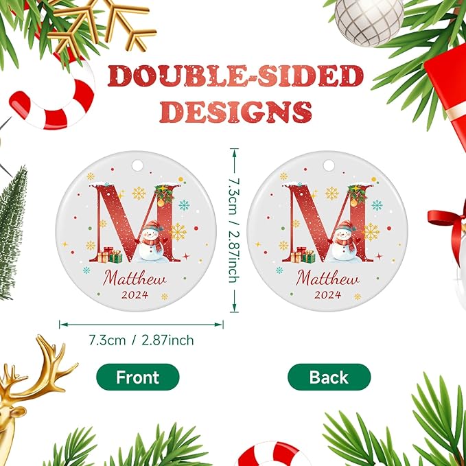 Name Ornaments for Christmas Tree, Custom Initial Monogram Snowman Ceramic Ornament for Kids Boys Girls, Monogrammed Christmas Ornaments 2025