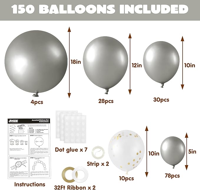 JOYIN 150 Pcs Metallic Silver Balloons, Different Sizes 18 12 10 5 Inch Silver Latex Balloon Arch Kit with Instruction for Birthday Party Graduation Wedding Holiday Decoration