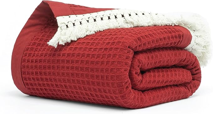 Salt Earth GOTS Certified 100% Organic Cotton Throw Blanket, 55" x 60" Waffle Blankets & Throws for Bed, Throw Blanket for Couch, Modern & Cozy Blanket, All Season,Comfy & Soft Blanket(Red Dahlia)