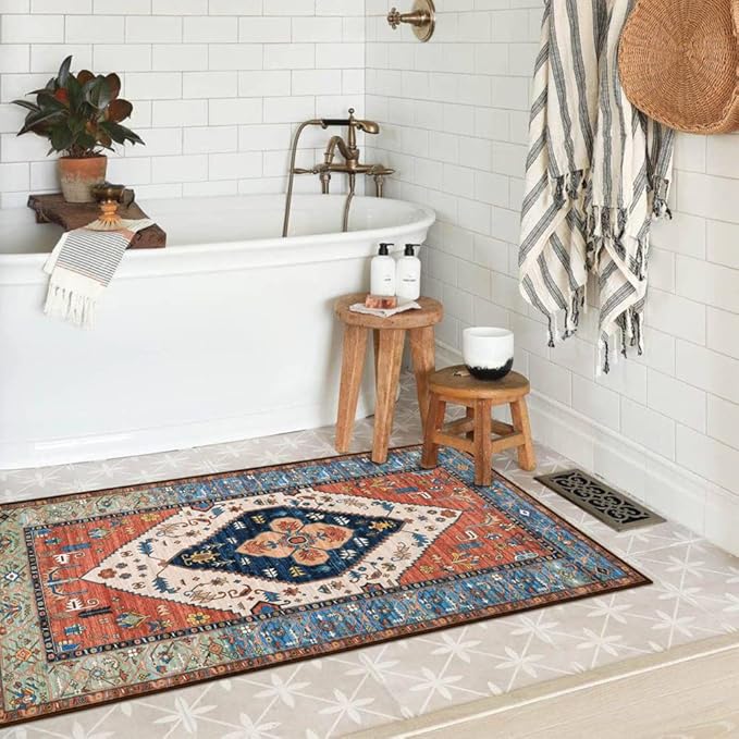 Lahome Boho Runner Rugs for Hallway - 2x4 Bathroom Area Rugs Non-Slip Small Throw Kitchen Rug Low-Pile Rugs for Entryway Laundry Room Rug Oriental Distressed Indoor Carpert Runner for Entrance BathRug