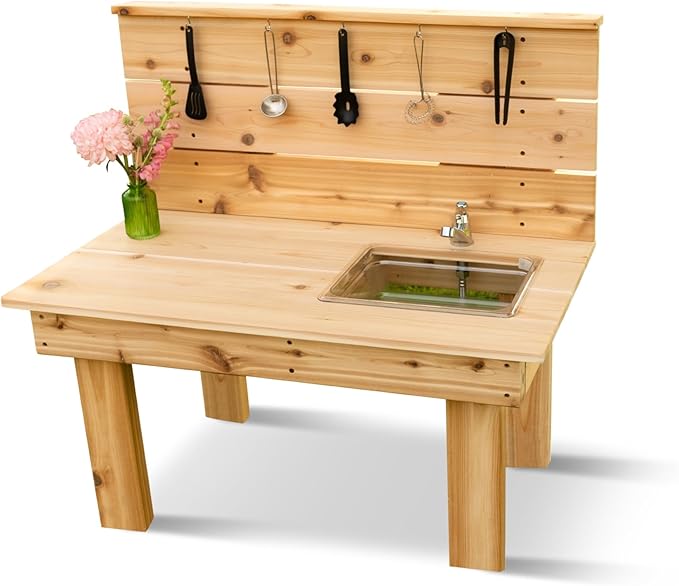 Noble Toys Mini Mud Kitchen with Functional Sink for Kids | Pretend Play Toddler Table with Running Water | Outdoor Playset Working Sink | Real Wooden Kitchens | Preschool Equipment