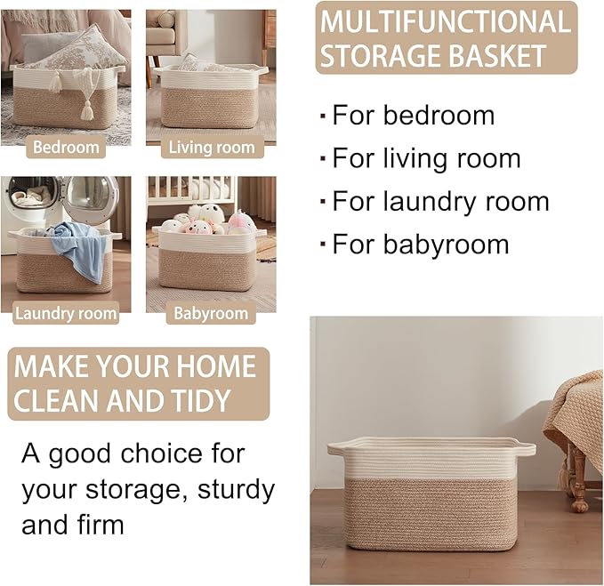 OIAHOMY 65L Blanket Basket, Cotton Rope Woven Blanket storage for Living Room, Rectangle Woven Baskets for Storage, 20''×16''×12'', Brown and White