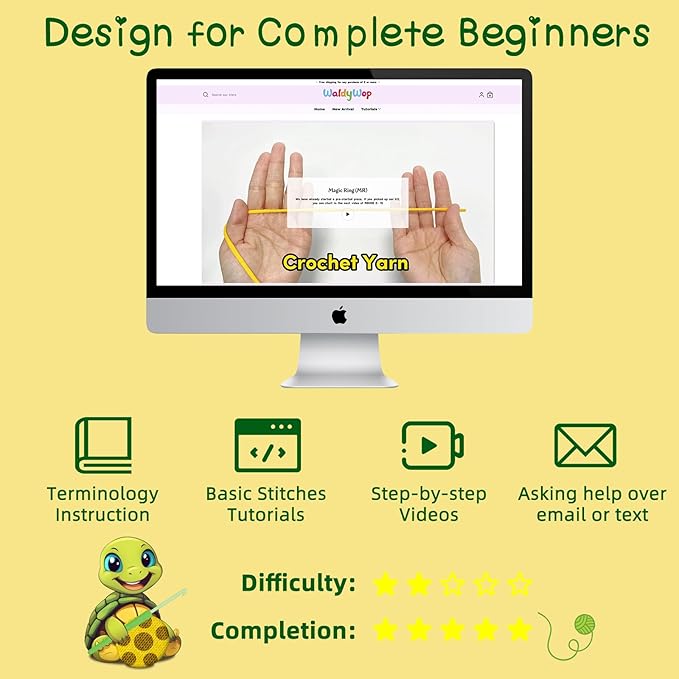 WaldyWop Crochet Kit for Beginners – Easy to Follow Tutorials, Ergonomic Hook & Tangle-Free Yarn, Complete DIY Craft Set for Girls 8-12 & Women, Stress Relief & Home Decor (Turtle Coaster)