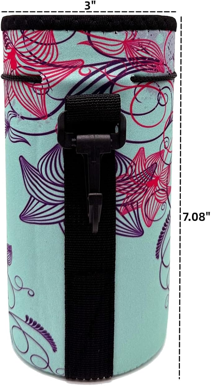 Neoprene Sleeve Bottle Carrier, Portable Insulator Cover - Drawstring Insulator for 18/20 Oz Water Bottle (Flower)