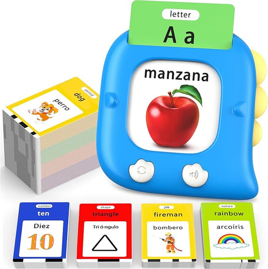 Kidzdo 520 Bilingual Spanish English Talking Flash Cards, Christmas Birthday Gifts for 2 3 4 5 6 Year Old Boys, Montessori Pocket Speech Therapy Toys, Portable Toddlers Toys for Ages 2-6 Kids, Blue