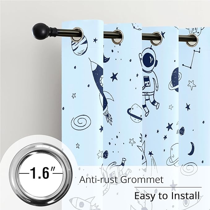 Kids Space Rocket and Astronaut Blackout Curtains - 100% Blackout, Thermal Insulated, Noise Reducing, Perfect for Kids Room and Nursery, 2 Panels (Sky-Blue Space Doodles, W52×L84)