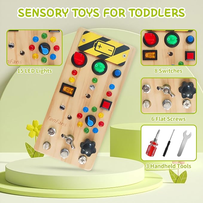 TenFans Montessori Busy Board with 8 LED Light Modes - Sensory Toys for 1-3 Year Olds & Airplane Travel, Wooden Activity Board Develops Fine Motor Skills