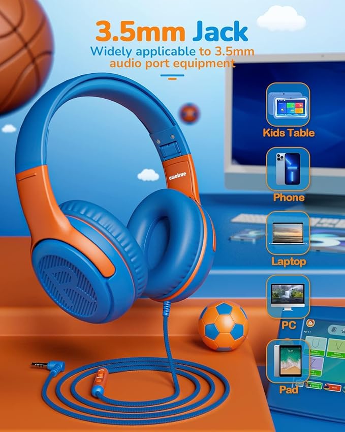Kids Headphones Wired Toddler Headphones with Microphone, Over-Ear Headphones, 85/94dB Volume-Limiting, 3.5mm Jack, Foldable On-Ear Design - Safe & Comfortable for Learning & Entertainment