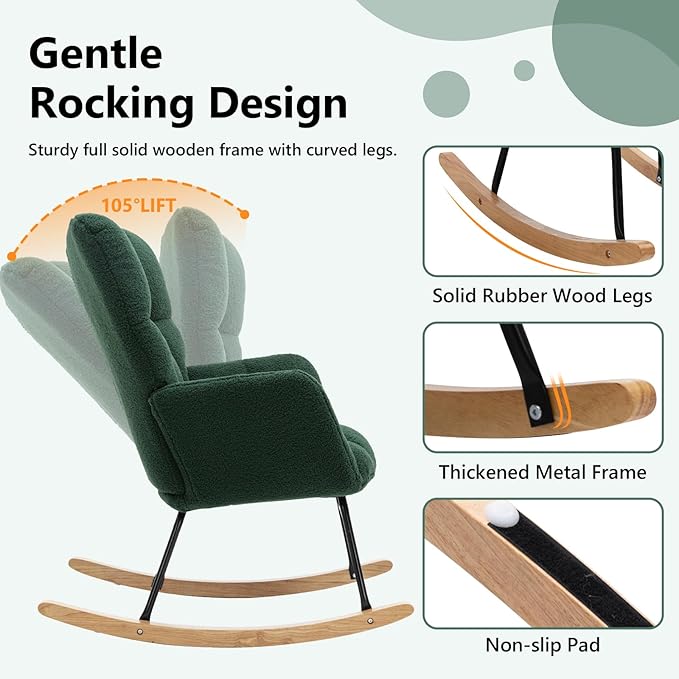 NIOIIKIT Nursery Rocking Chair Teddy Fabric Upholstered Glider Rocker Rocking Accent Chair Padded Seat with High Backrest Armchair Comfy Side Chair for Living Room Bedroom(Green Teddy)