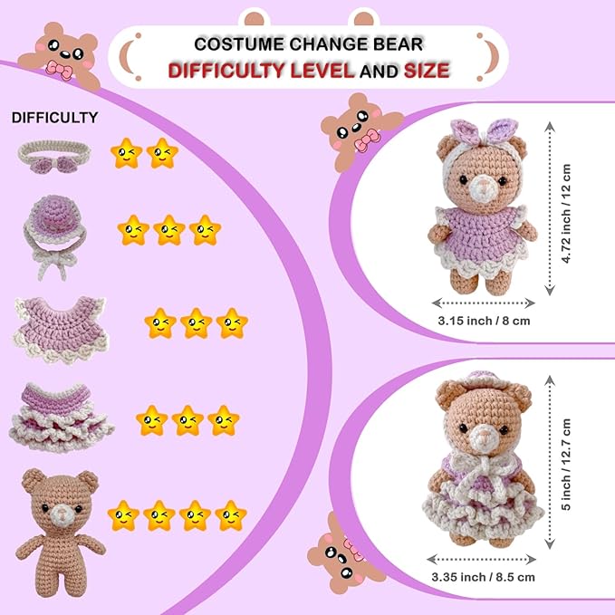 LoopMap Crochet Kit for Beginners - DIY Amigurumi Bear with Removable Dress & Accessories, Step-by-Step Video Tutorials, Extra Yarn, Crochet Tools, Handmade Gift for Kids & Adults(Bear-Purple)