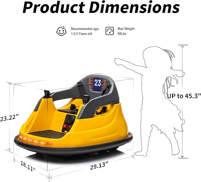 Baby Bumper Car, 6V Electric Kids Bumper Car for Toddlers with Remote Control, Bluetooth - Yellow