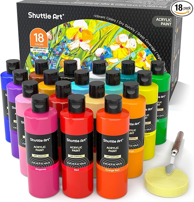 Shuttle Art 18 Colors Acrylic Paint Bottle Set (250ml/8.45oz), Rich Pigmented Bulk Painting Supplies for Artists, Beginners and Kids on Rocks Crafts Canvas Wood Ceramic