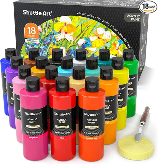 Shuttle Art 18 Colors Acrylic Paint Bottle Set (250ml/8.45oz), Rich Pigmented Bulk Painting Supplies for Artists, Beginners and Kids on Rocks Crafts Canvas Wood Ceramic