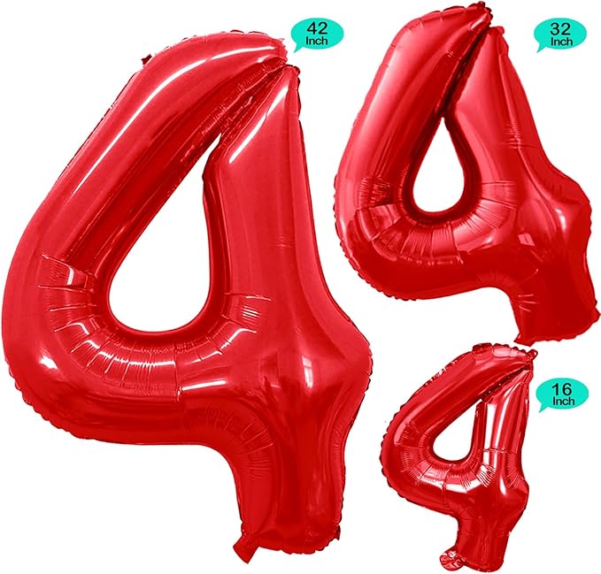 GOER Red Foil Balloons Number 4,Huge Number Balloons for 4th 44th Birthday Party Supplies Anniversary Decorations (3 pcs,42 inch,32 inch,16inch)