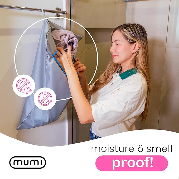 MUMI Travel Laundry Bag – Moisture & Smell-Proof Wash Bag with Folding Hanger & Outer Pouch | Large Washable Bags for Suitcase, Gym & Packing | Clothes Organizer for Trips & Storage - Aqua