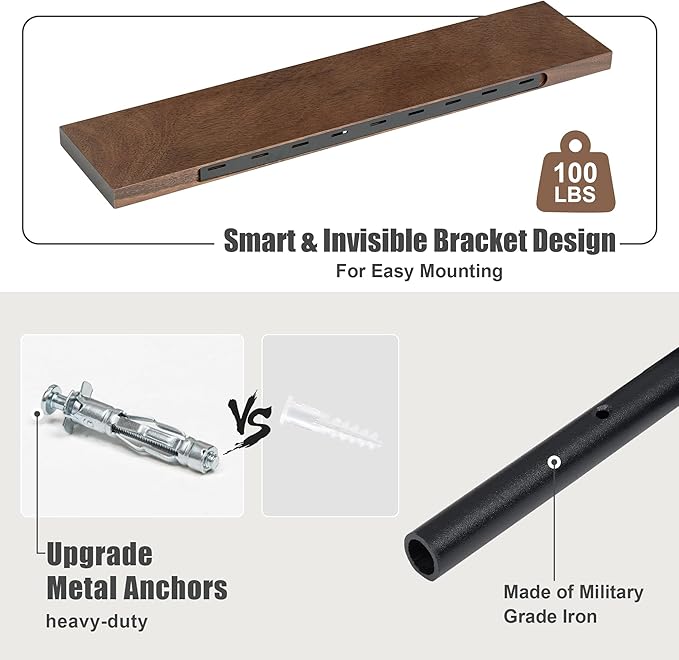 Floating Shelves for Wall, USA-Sourced Walnut Wood 24 Inch Wall Shelves Set of 2, Natural Wooden Wall Mounted Picture Ledge Shelf, Nursery Book Storage Shelf Kids Bookshelf, Display Shelf for Bathroom