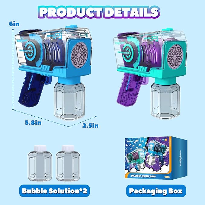 EagleStone 2 Pack Kids' Bubble Guns, Automatic Bubble Machines with 10-Hole Wands, Blasters for Toddlers,Lights Up Bubble & Solution, Easter, Wedding Party Favors, Outdoor for Boys & Girls