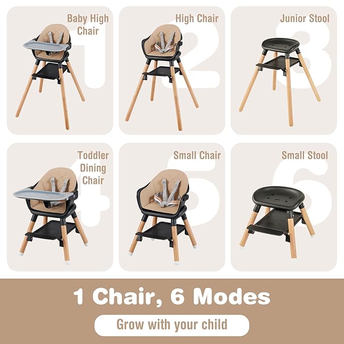 BABY JOY Baby High Chair, 6 in 1 Convertible Wooden High Chair for Babies & Toddlers with Adjustable Legs, Double Removable Tray, Safety Harness & Waterproof PU Cushion (Coffee)