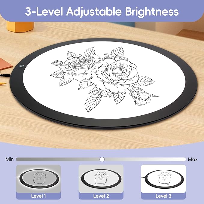 WaGlyndric Round LED Light Panel, Large Copy Light Tracing Box, 3 Levels Adjustable Brightness Light Table for Creative Exploration