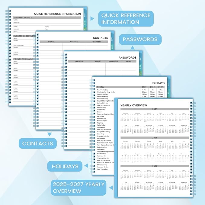 Monthly Planner 2025-2026 - JUL 2025 - DEC 2026 Planner/Calendar, 18 Monthly, with Colorful Tabs, Planner for Daily Organizing - Waterproof Cover (8" x10", Notes Pages, Light Blue)