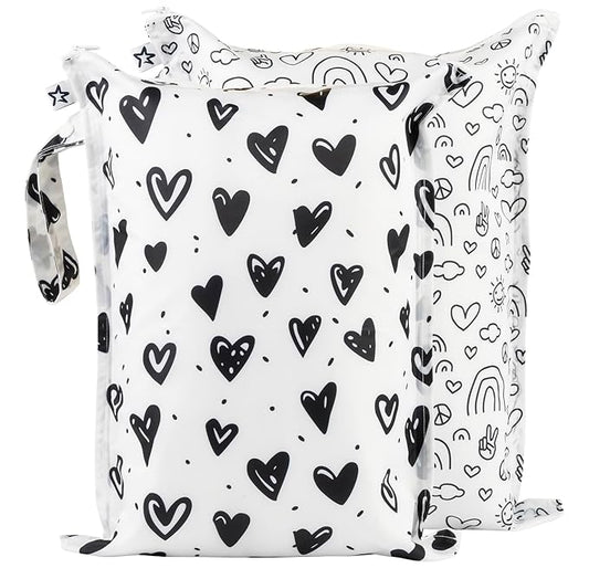 Tiny Twinkle Mess-Proof Waterproof Wet Dry Bag | 2-Pack Reusable Wet Bags for Swimsuits & Baby Clothes | Leakproof Wet Bag for Travel & Diaper Changes for Baby (Black, White)