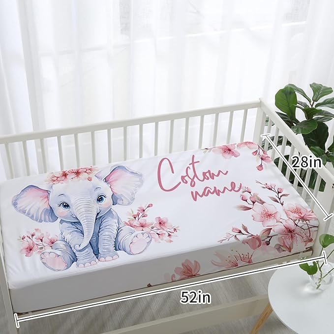 Personalized Nursery Crib Bedding Set: Custom Name 5 Piece Baby Crib Sets with Pink Flower and Elephant Pattern - Toddler Double Layer Blanket Set, Comfortable Crib Bed Sheets for Baby Grils