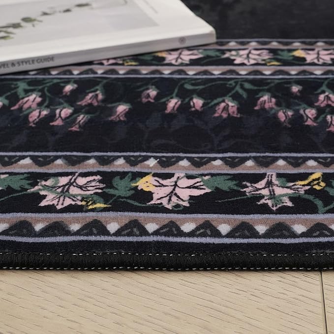 3x5 Washable Rug Impressionist-Style Vintage Non Slip Low Pile Small Carpet for Bedroom Bedside Kitchen Entryway Kids Room Office College Dorm Essentials for Girls, Black