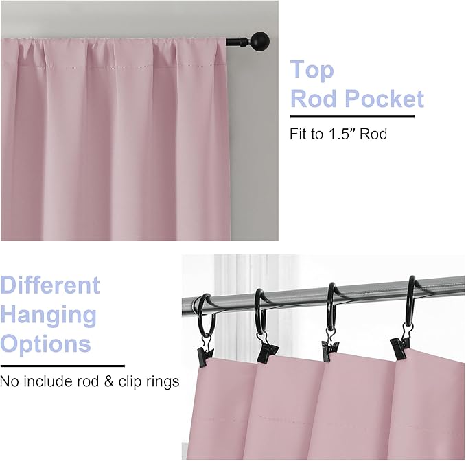 Simplebrand Ava Blush Blackout Curtains for Bedroom 63 Inch Length 2 Panels Set, Nursery Thermal Insulated Energy Saving Rod Pocket Window Treatment Curtains Blackout Drapes, W40 x L63 Inch, Blush