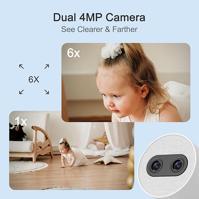 Simsky Split Screen Video Baby Monitor with 2 Cameras, Dual 4MP Cameras with 6X Zoom, 7" UHD Touch Screen Portable Audio Baby Monitor, App Remote Access, 5200mAh Battery, 32GB Local Storage