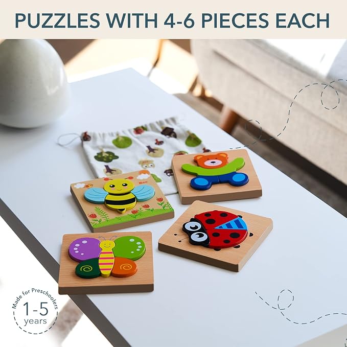 MAGIFIRE Toddler Wooden Puzzle Set - 4-Pack 5.7 x 5.7 Inch Multicolor Wood - Chunky Pieces for Small Hands & Portable Storage Bag - Toddler Puzzles Ages 3-5