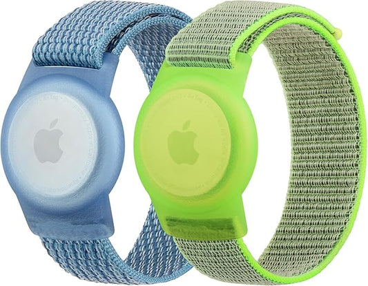 Kids Wristband Protective Case Compatible with Apple AirTag, Adjustable Nylon Bracelet for Air Tag GPS Tracker Holder with Anti Lost Watchband for Toddler Child Kids (Green+Blue)