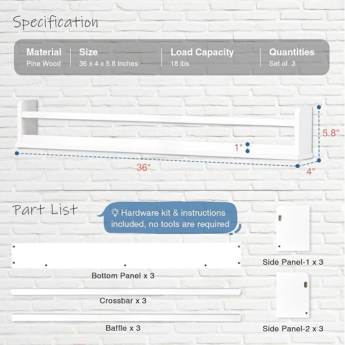 Upgraded White Wall Bookshelf for Kids Room, 36 Inch Long Floating Nursery Book Shelves for Wall, Wider Hanging Bookshelves for Toddlers Childrens Clothes Kids Bedoom Playroom -Set of 3