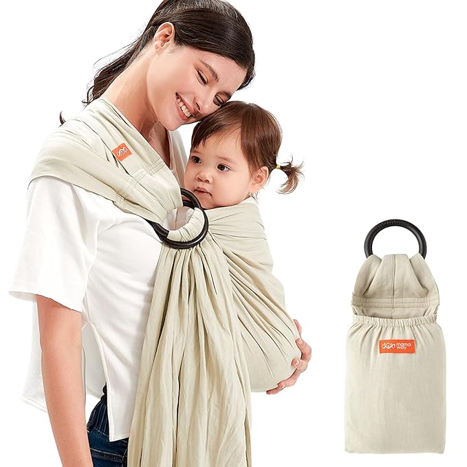 Mamaway Baby Ring Sling Carrier - Newborn and Toddler Sling (Supports up to 165lbs), IHDI Certified, Rayon & Linen Made, Soft & Breathable, Nylon 66 Safety Rings, Storage Pocket Design, Khaki