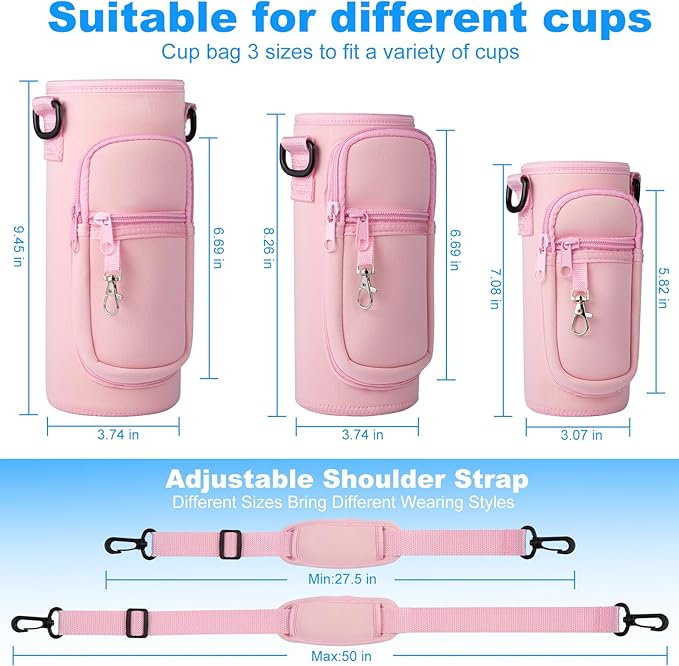 Water Bottle Holder with Strap for Hydroflask 32oz 40oz, Carrier Sling Bag with Phone Pocket Sleeve for Men Women Hiking Camping Travelling（Pink 40oz）