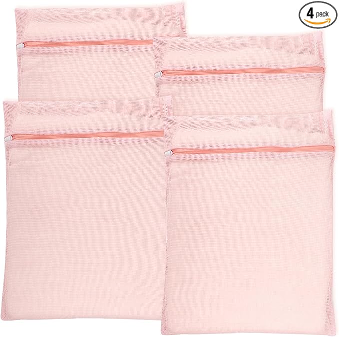 4-Piece Pink Large Durable Organic Cotton Mesh Laundry Bags with Sturdy Zippers and Breathable Mesh are Delicate Laundry Bags for Underwear, Clothes, Pants and Socks