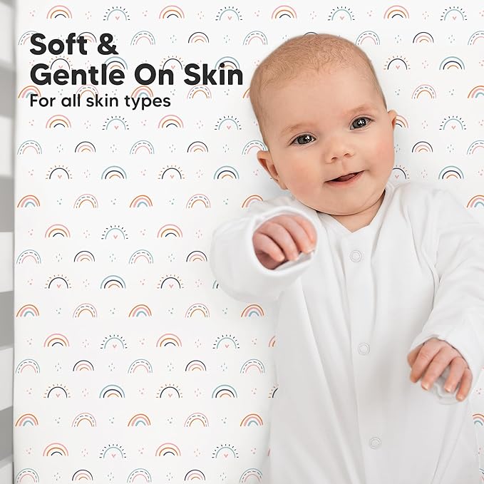KeaBabies 2-Pack Organic Crib Sheets for Boys, Girls - 52x28 Fitted Crib Mattress Sheet Neutral, Breathable Jersey Cotton Cover for Baby Bed, Toddler Mattress, Soft & Cute Prints (Jolly Rainbow)