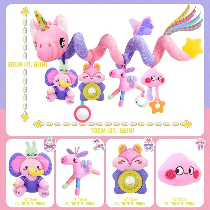 Musical Car Seat Toy for Babies 0-12 Months Girl, 5-in-1 Sensory Activity Hanging Toy Stroller Toy with Soothing Music, Rattle, Mirror for Newborn Infants Essential Gifts, Unicorn