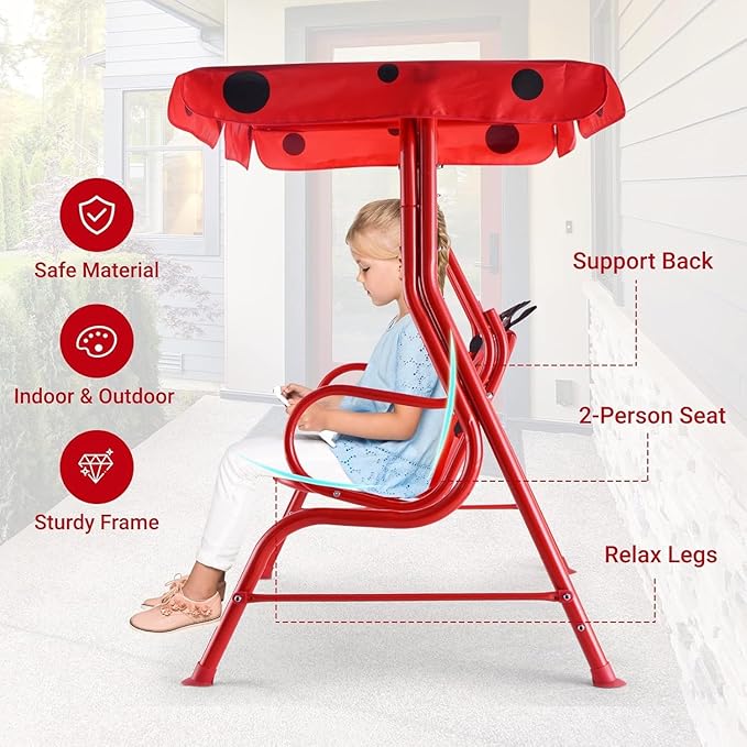 GLACER Porch Swing, Kids Patio Hammock w/Adjustable Canopy & Stand, Safety Belt, 2 Seats Outdoor Swing Bench, Metal Frame Hanging Lounge Chair, Swing Sets for Backyard, Garden, Poolside (Red Ladybug)