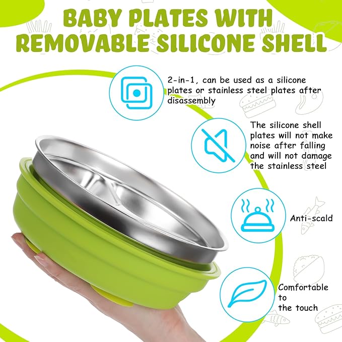 Nuogo 2 Pcs Stainless Steel Baby Suction Plates with Removable Silicone Shell 2-in-1 Metal Toddler Bowl Divided for Picky Eaters Kids Feeding Led Weaning Supplies, Dishwasher Safe (Green, Blue)