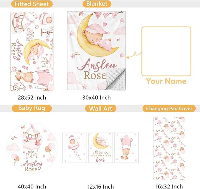 Custom Crib Bedding Set, 5 Pcs Customized Baby Crib Set with Name, Soft Double Layer Nursery Baby Bedding Set for Girls Boys, Personalized for Infants Toddlers, Pink Moon Bear