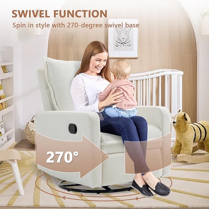 Swivel Rocking Recliner Chair for Nursery, Upholstered Glider Rocker Recliner, Swivel Reclining Chair for Nursery Living Room Bedroom, White Short Plush