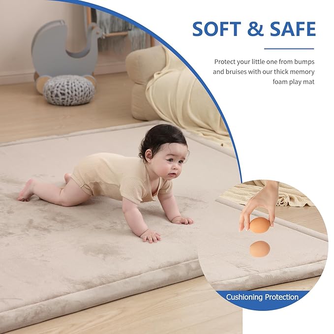 Baby Play Mat for Floor,1.3" Thick Memory Foam Tummy Time Mat,Soft Coral Velvet Nursery Rug,Extra Large Non Slip for Crawling,Toddlers,Infants,Kids,Tatami Style for Living Room(Beige)